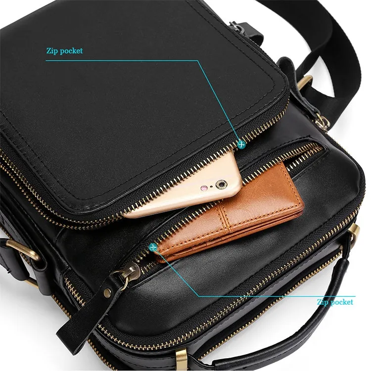 6028 Multifunctional Fashion Top-grain Leather Messenger Bag Casual Men Shoulder Bag (Black)