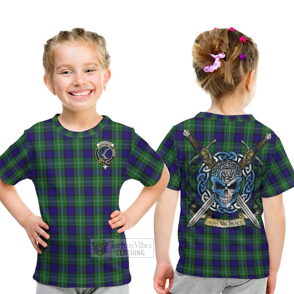 Alexander Tartan Kid T-Shirt with Family Crest Celtic Skull Style