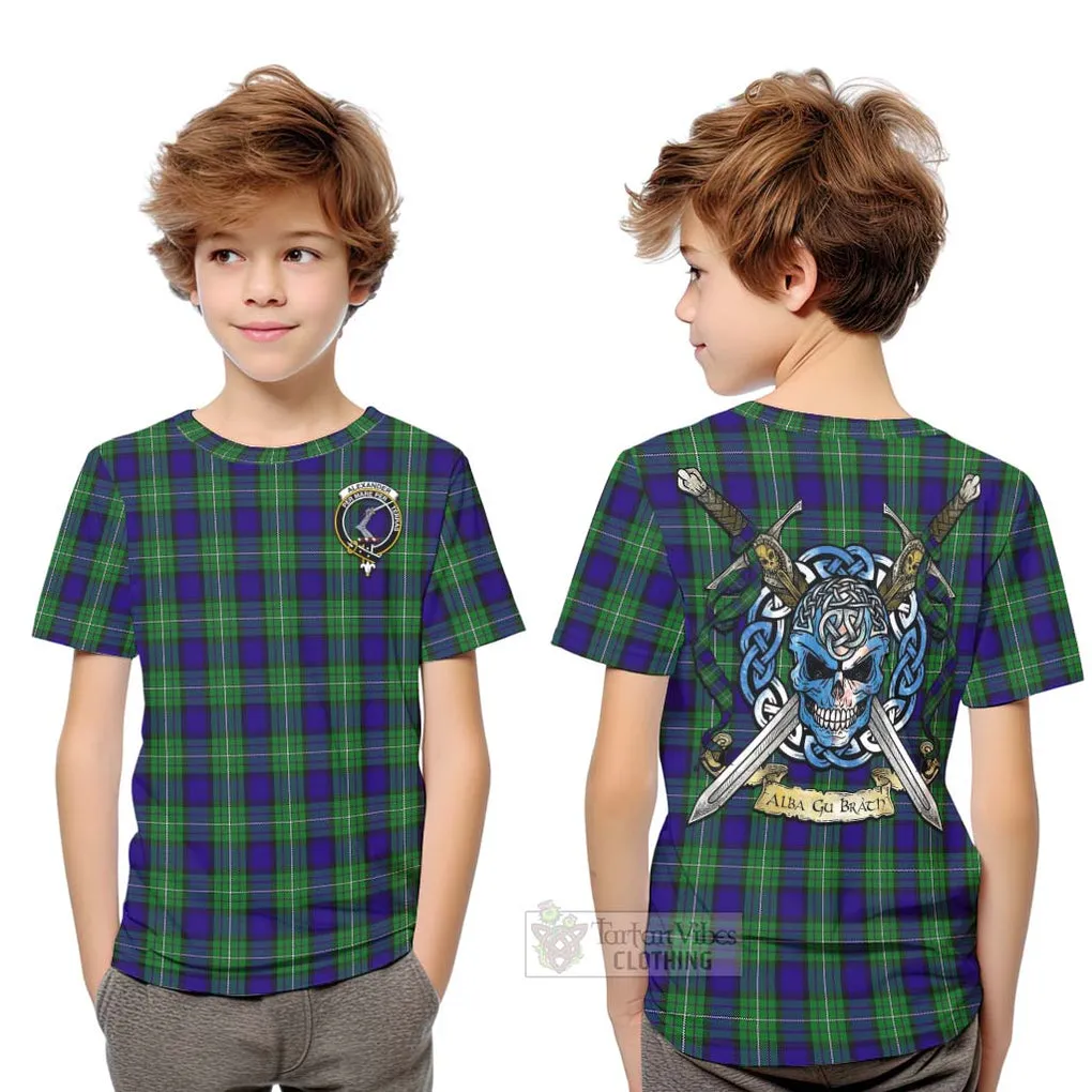 Alexander Tartan Kid T-Shirt with Family Crest Celtic Skull Style