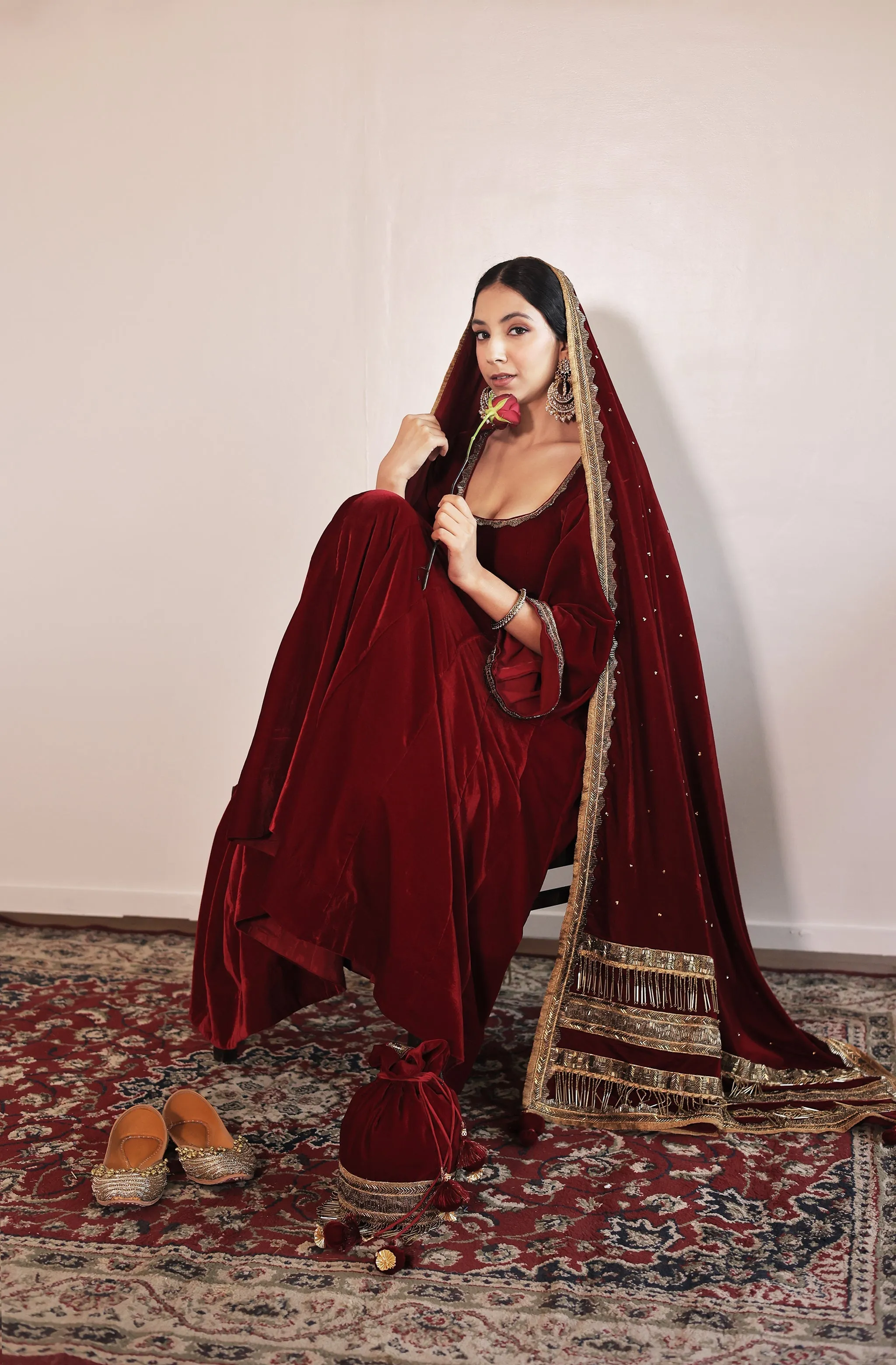 Begum Red Velvet Anarkali Set