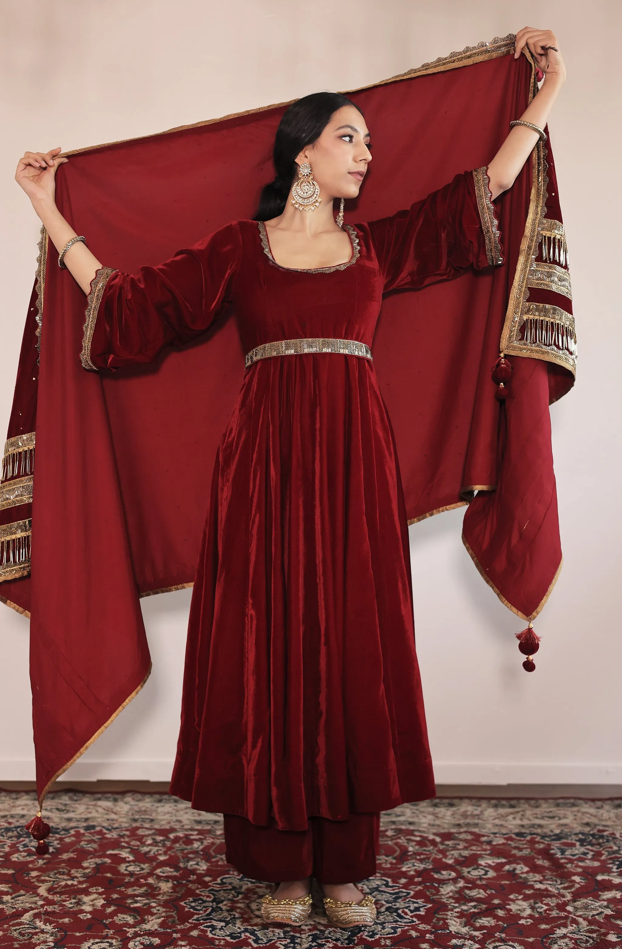 Begum Red Velvet Anarkali Set