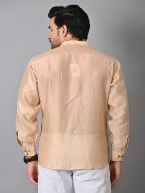 Beige Pure Silk Men Bandhej Shirt