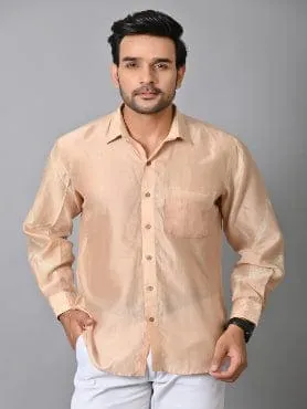 Beige Pure Silk Men Bandhej Shirt