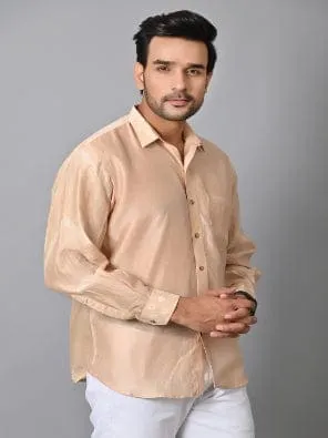 Beige Pure Silk Men Bandhej Shirt