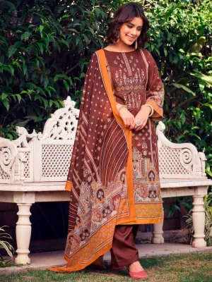 Belliza Unstitched Women Pakistani Print Cotton Suits Set Brown