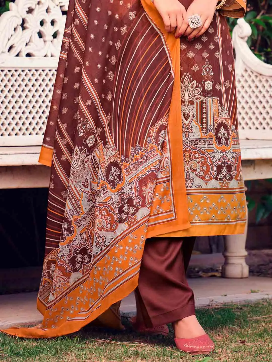 Belliza Unstitched Women Pakistani Print Cotton Suits Set Brown