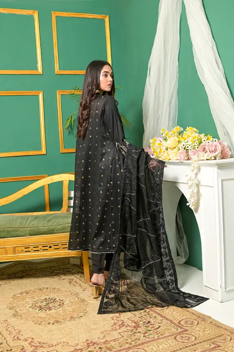 Black A Line Formal Suit with Gold Work and Net Dupatta