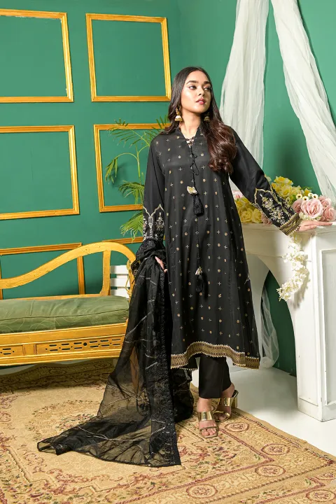 Black A Line Formal Suit with Gold Work and Net Dupatta