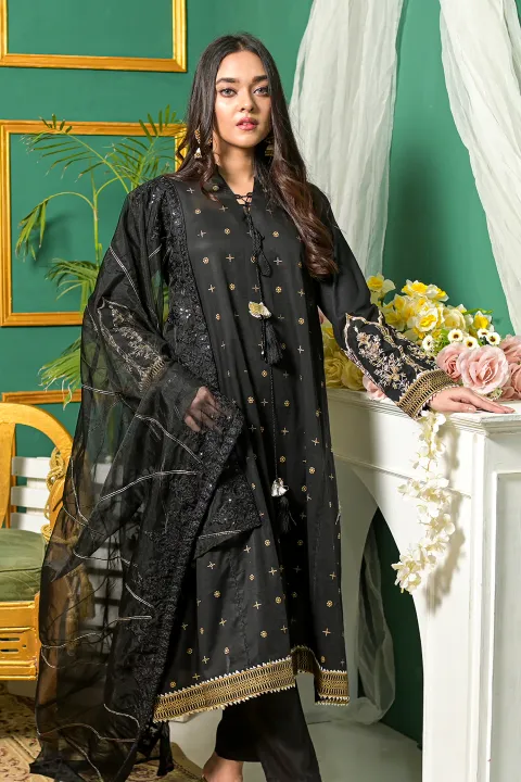 Black A Line Formal Suit with Gold Work and Net Dupatta