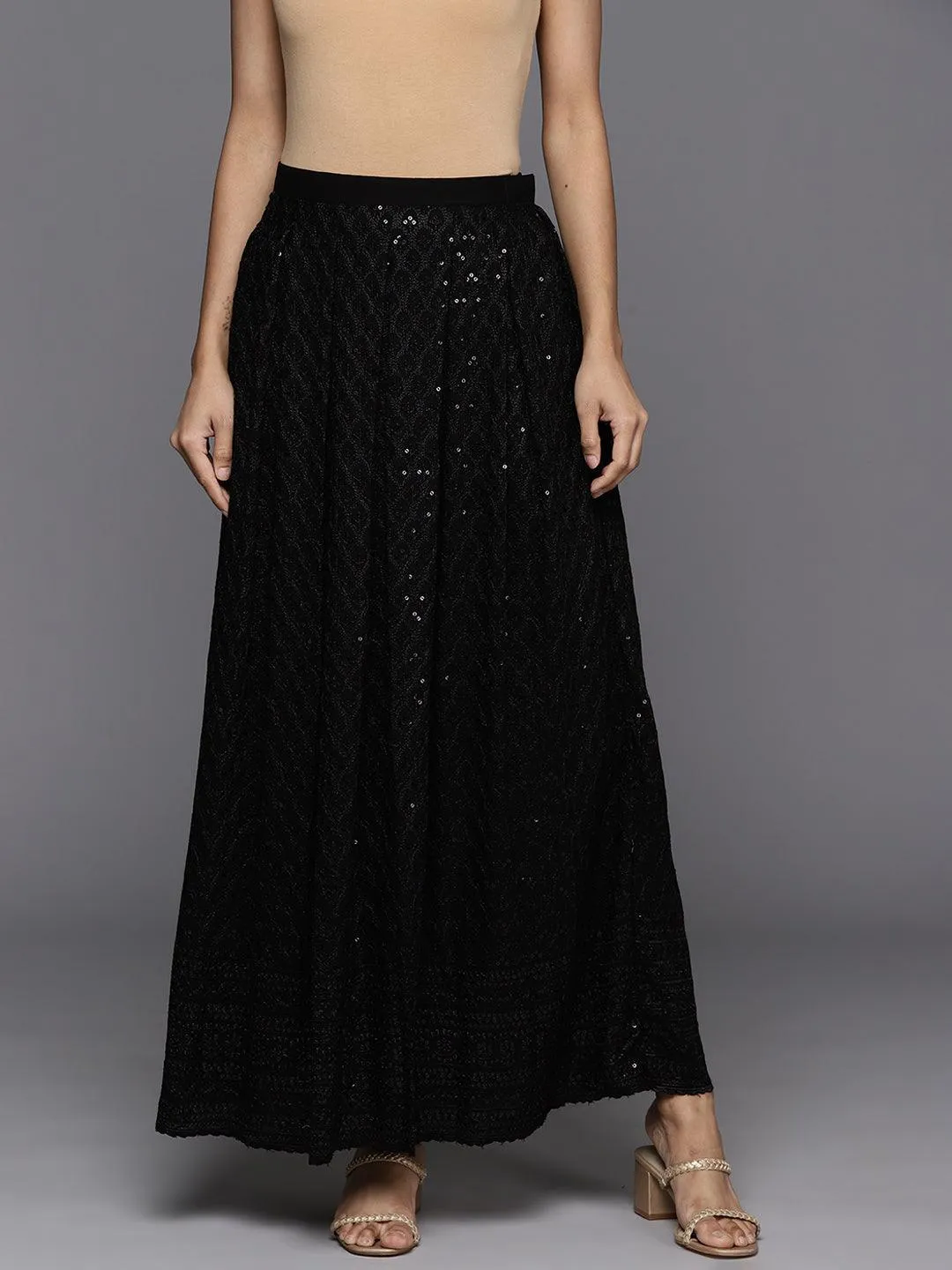 Black Embellished Rayon Skirts