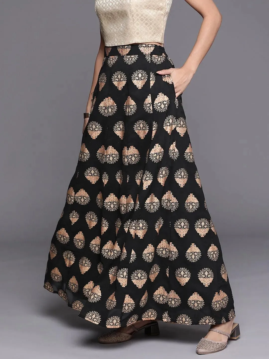 Black Printed Georgette Skirt