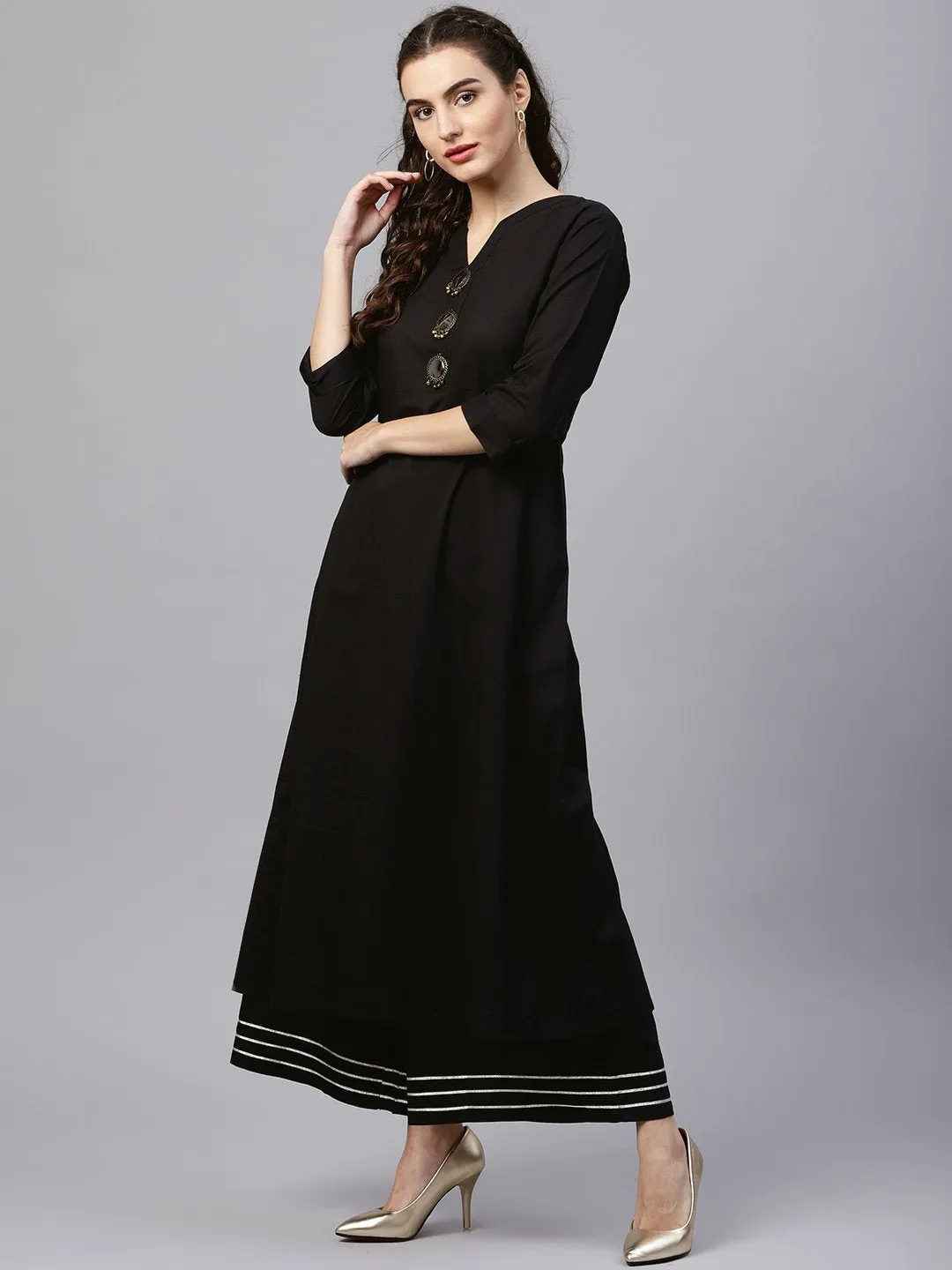 Black round neck kurta with frond emblishment and Palazzo