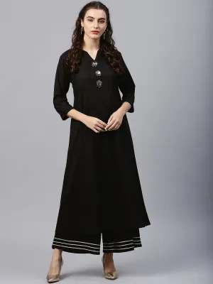 Black round neck kurta with frond emblishment and Palazzo