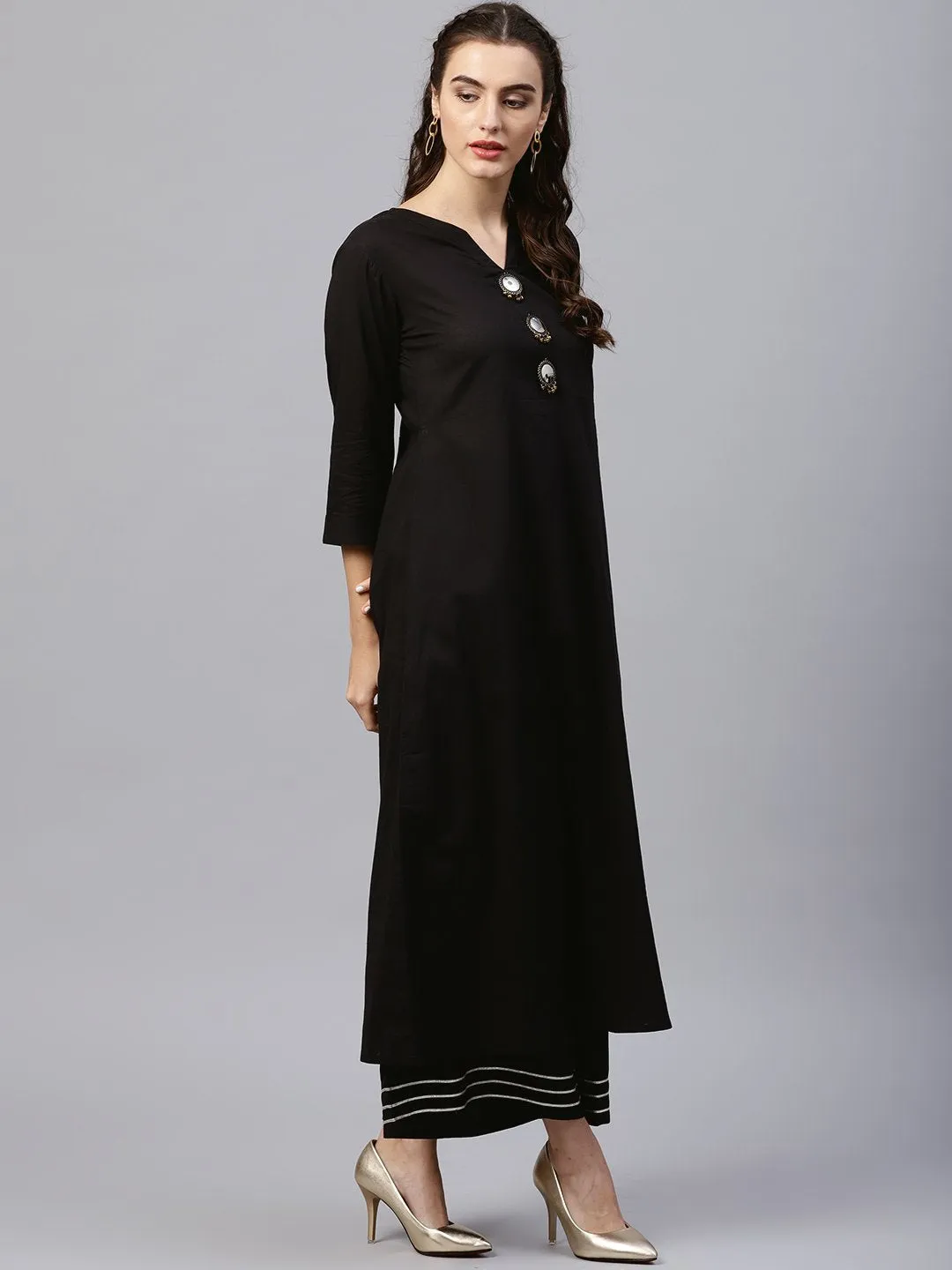 Black round neck kurta with frond emblishment and Palazzo