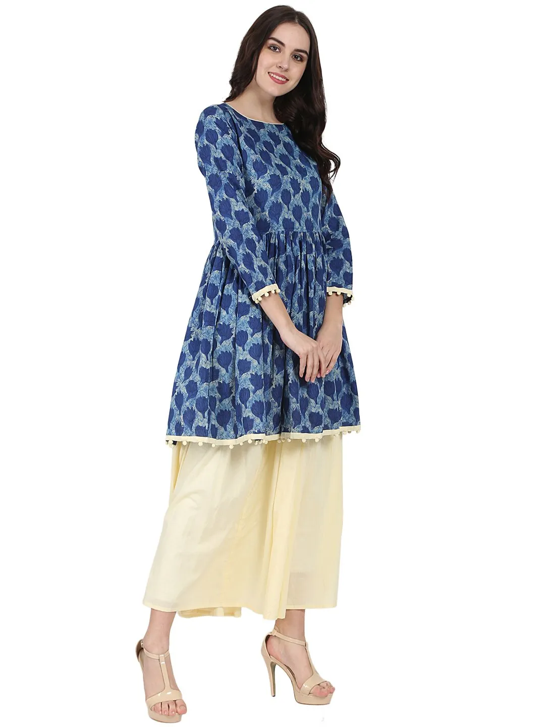 Blue printed 3/4th sleeve cotton anarkali kurta with Beige flared skirt