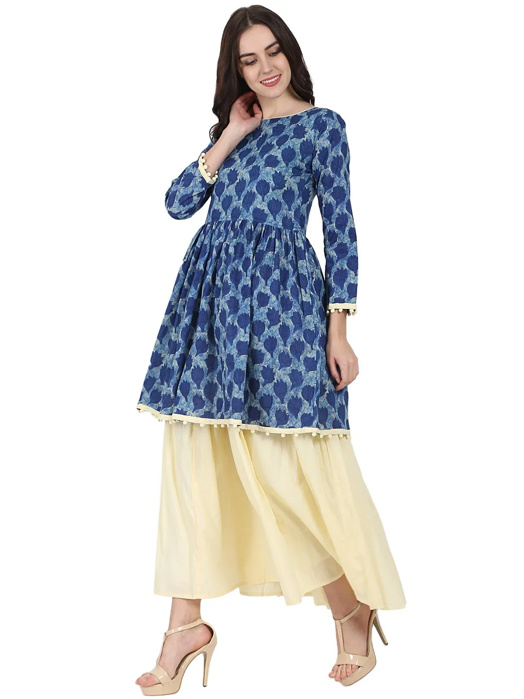 Blue printed 3/4th sleeve cotton anarkali kurta with Beige flared skirt