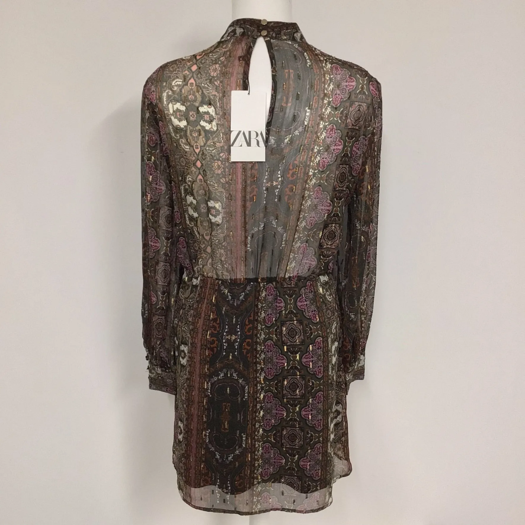 BNWT Zara Brown Multi Print Sheer Long Sleeved Dress Size L