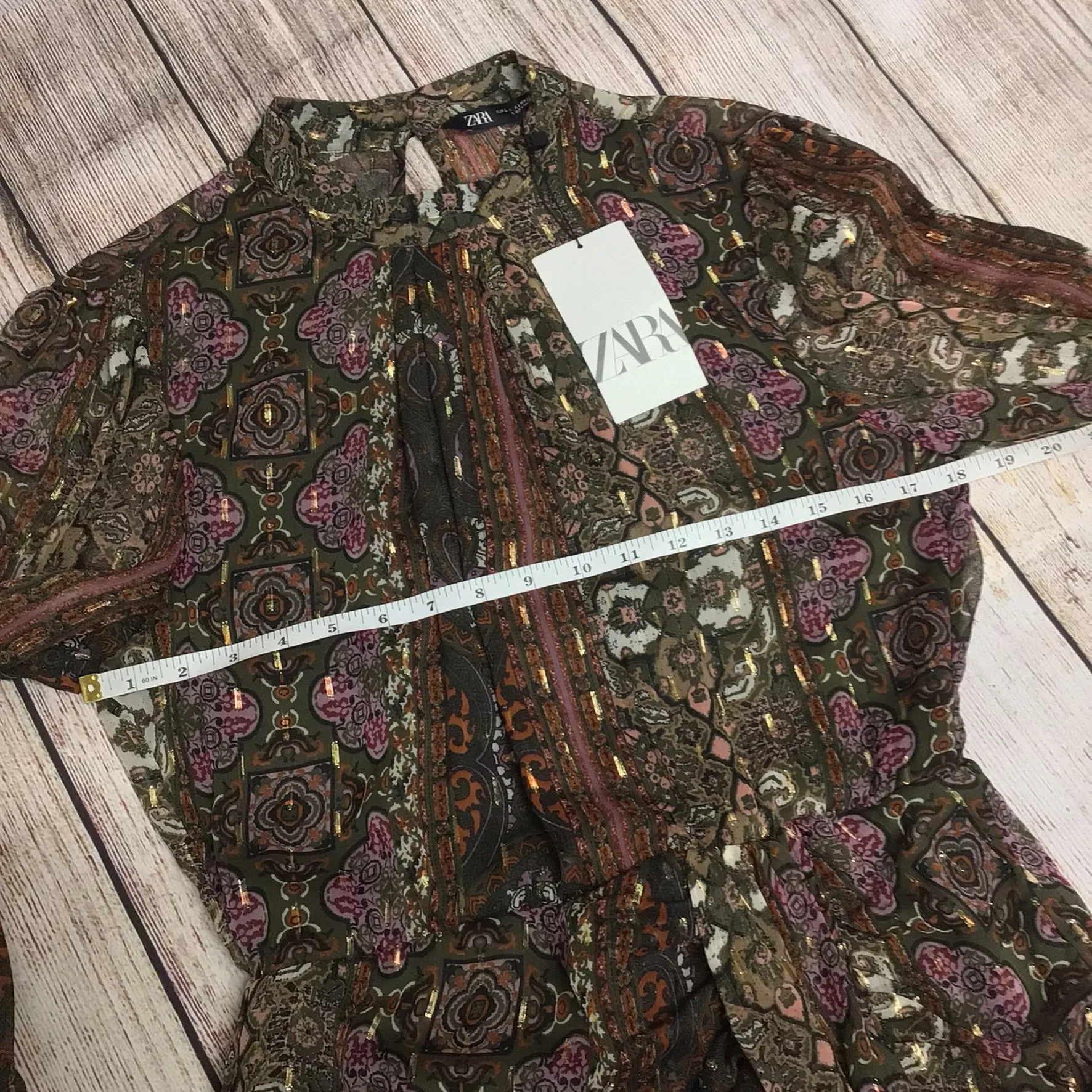 BNWT Zara Brown Multi Print Sheer Long Sleeved Dress Size L