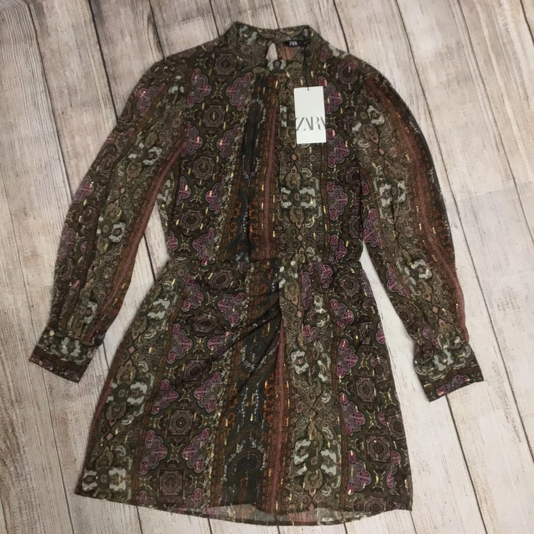 BNWT Zara Brown Multi Print Sheer Long Sleeved Dress Size L