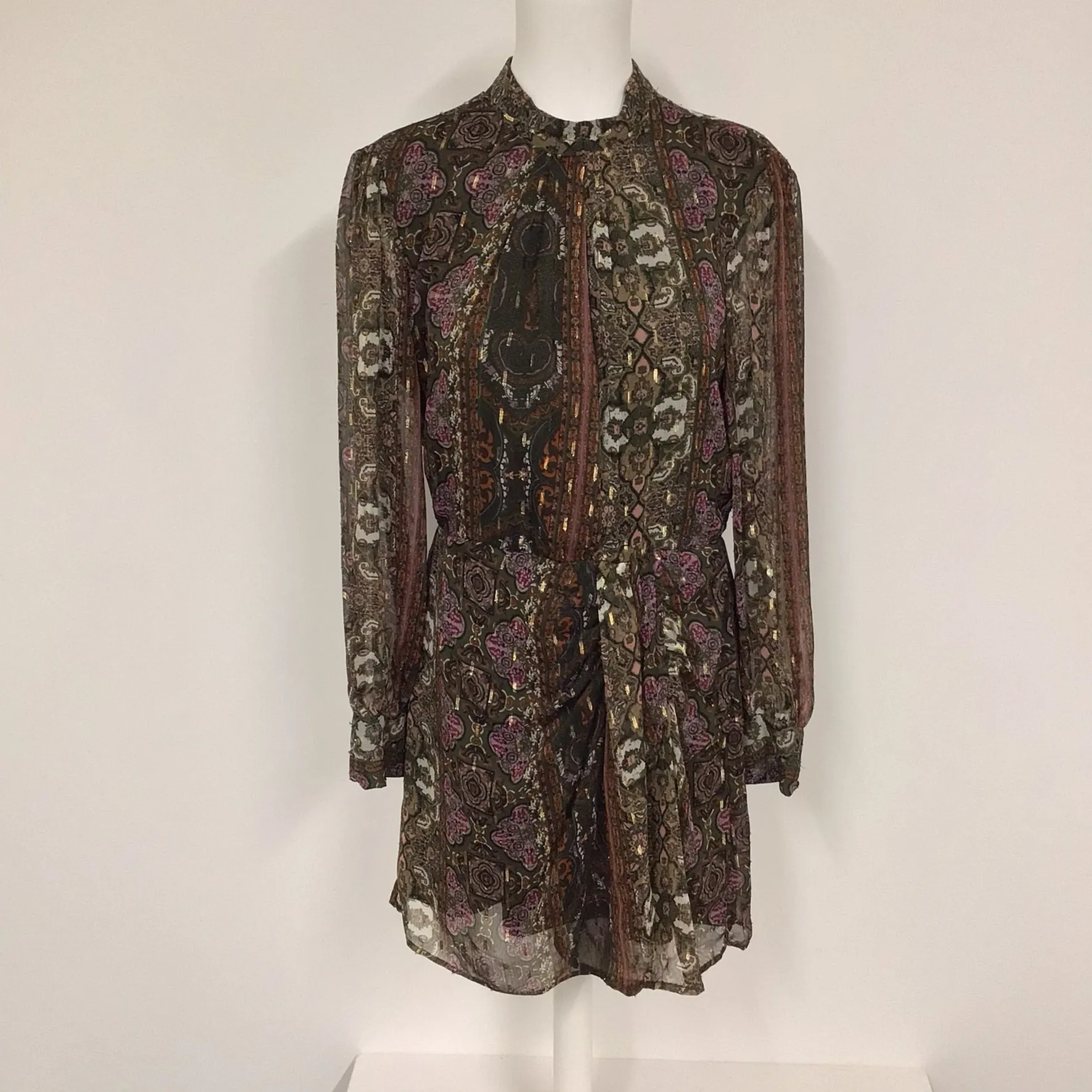 BNWT Zara Brown Multi Print Sheer Long Sleeved Dress Size L