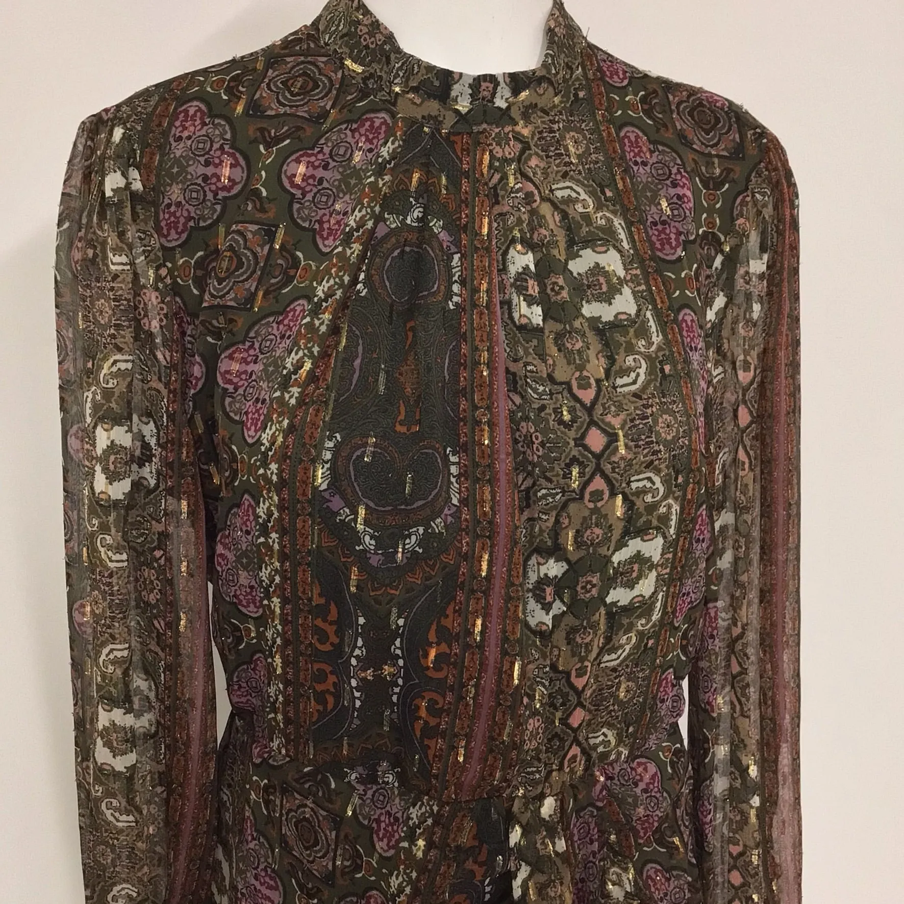 BNWT Zara Brown Multi Print Sheer Long Sleeved Dress Size L