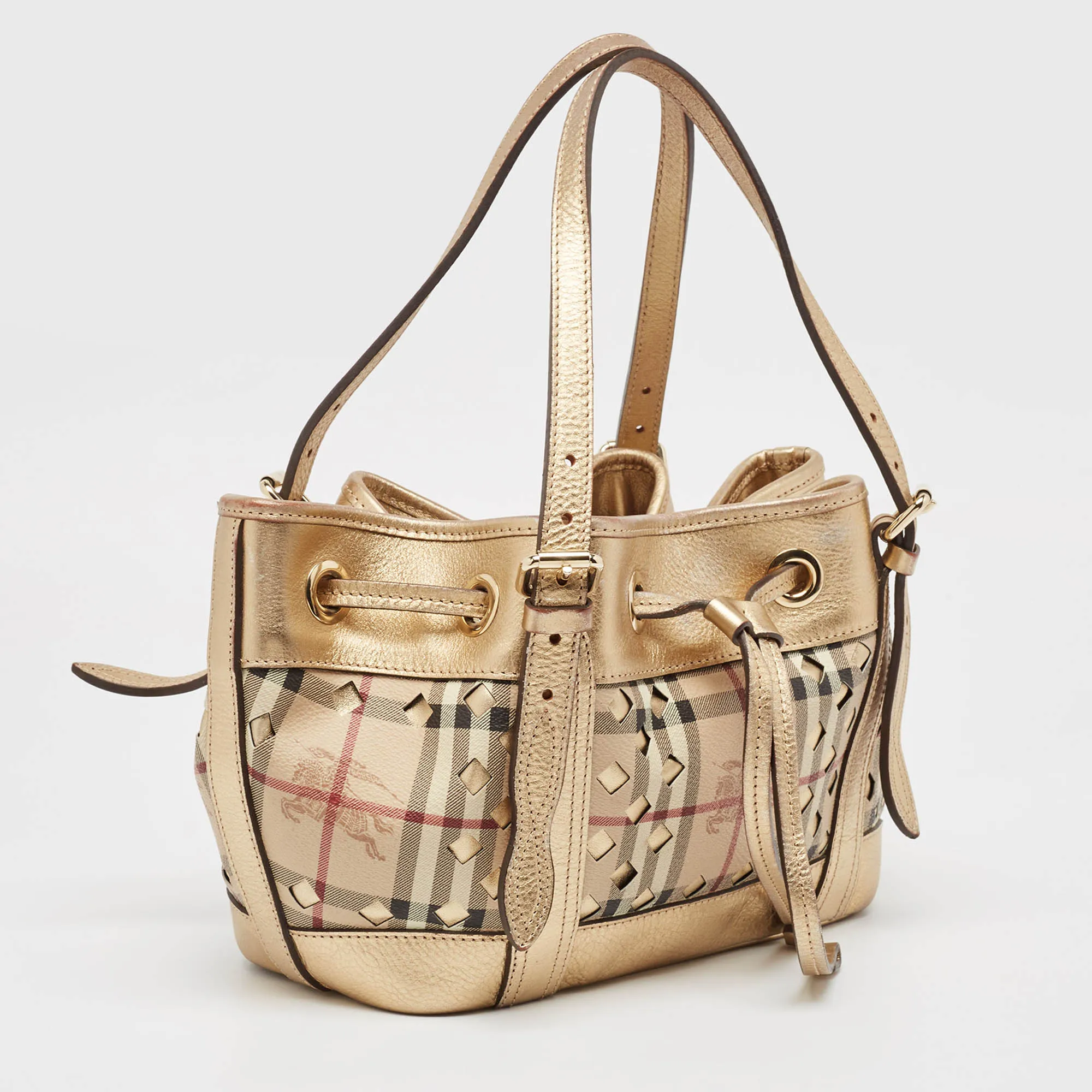 BURBERRY Gold/Beige Haymarket Check Laser Cut Coated Canvas and Leather Drawstring Tote