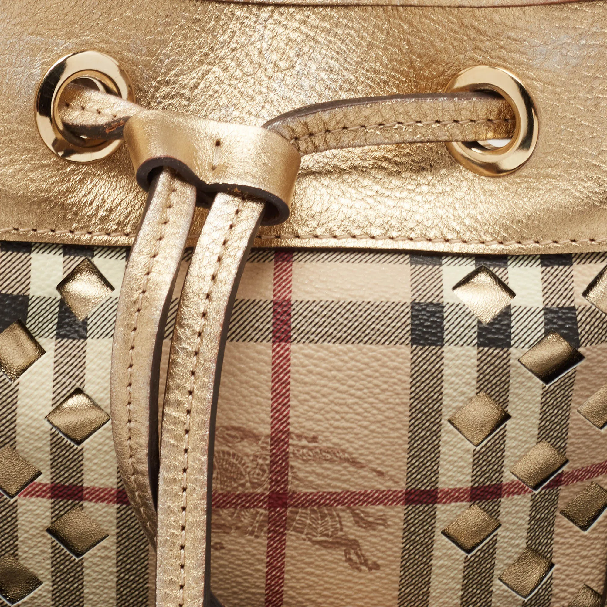 BURBERRY Gold/Beige Haymarket Check Laser Cut Coated Canvas and Leather Drawstring Tote