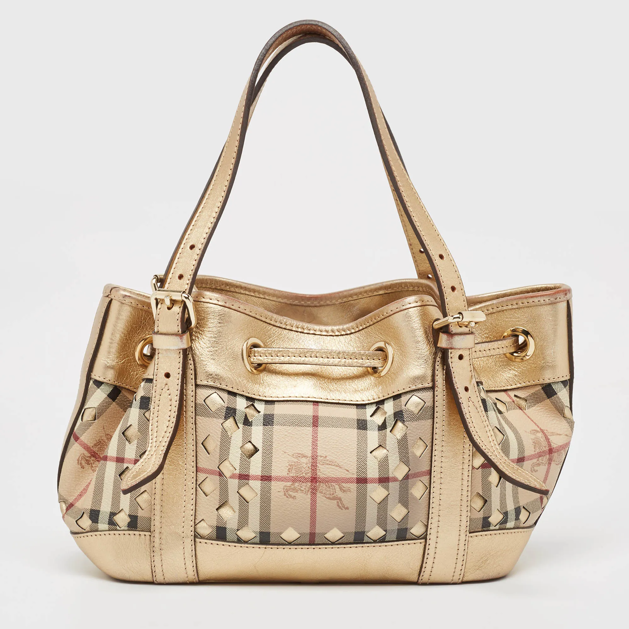 BURBERRY Gold/Beige Haymarket Check Laser Cut Coated Canvas and Leather Drawstring Tote