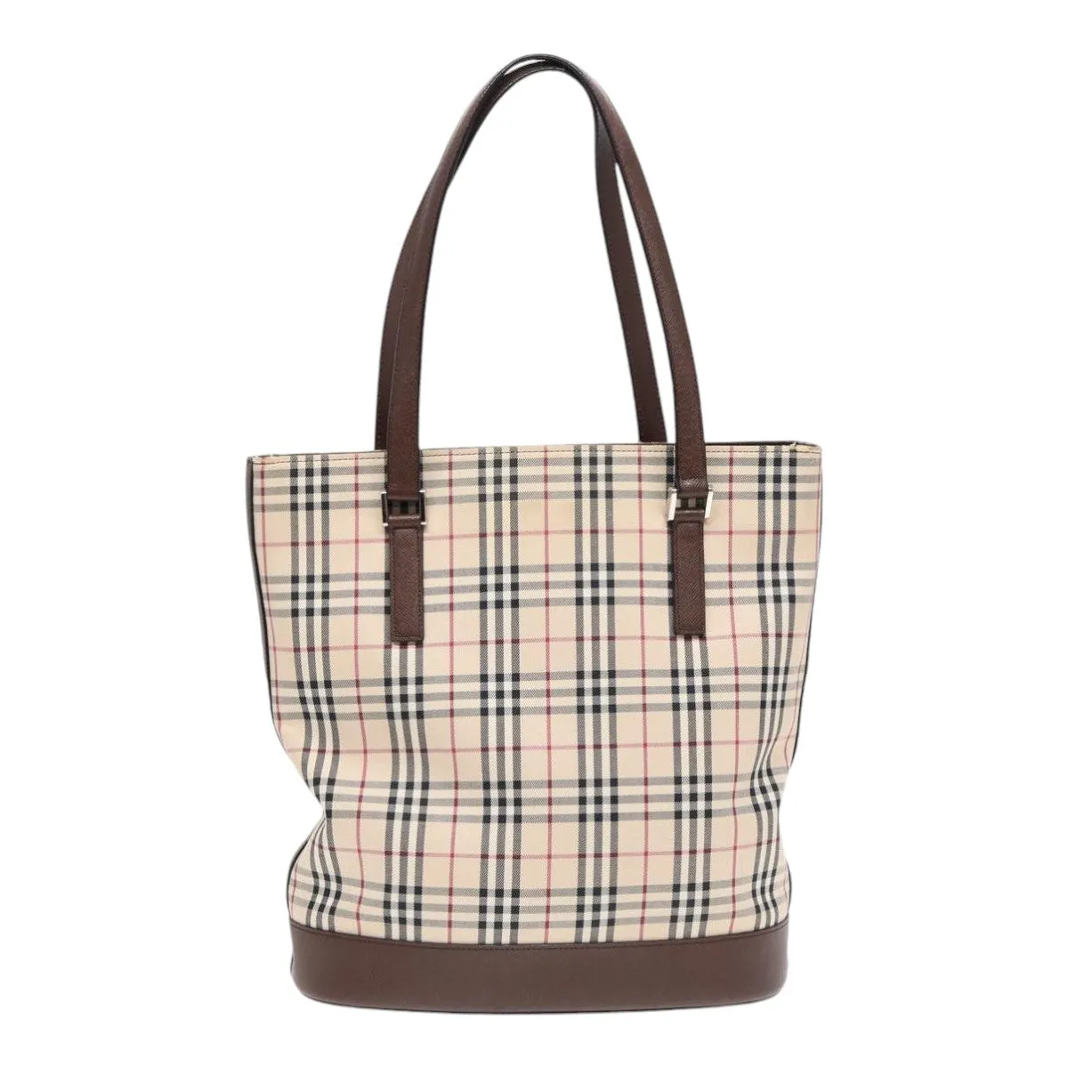 BURBERRY Nova Check Tote Bag Canvas Beige Brown Silver  87766