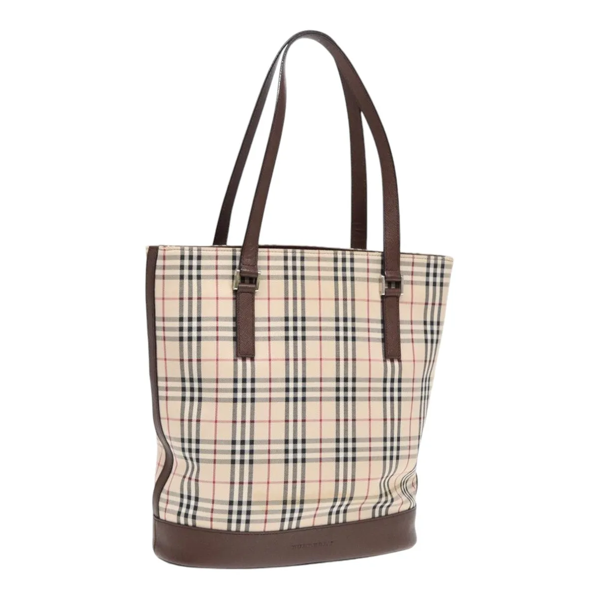 BURBERRY Nova Check Tote Bag Canvas Beige Brown Silver  87766