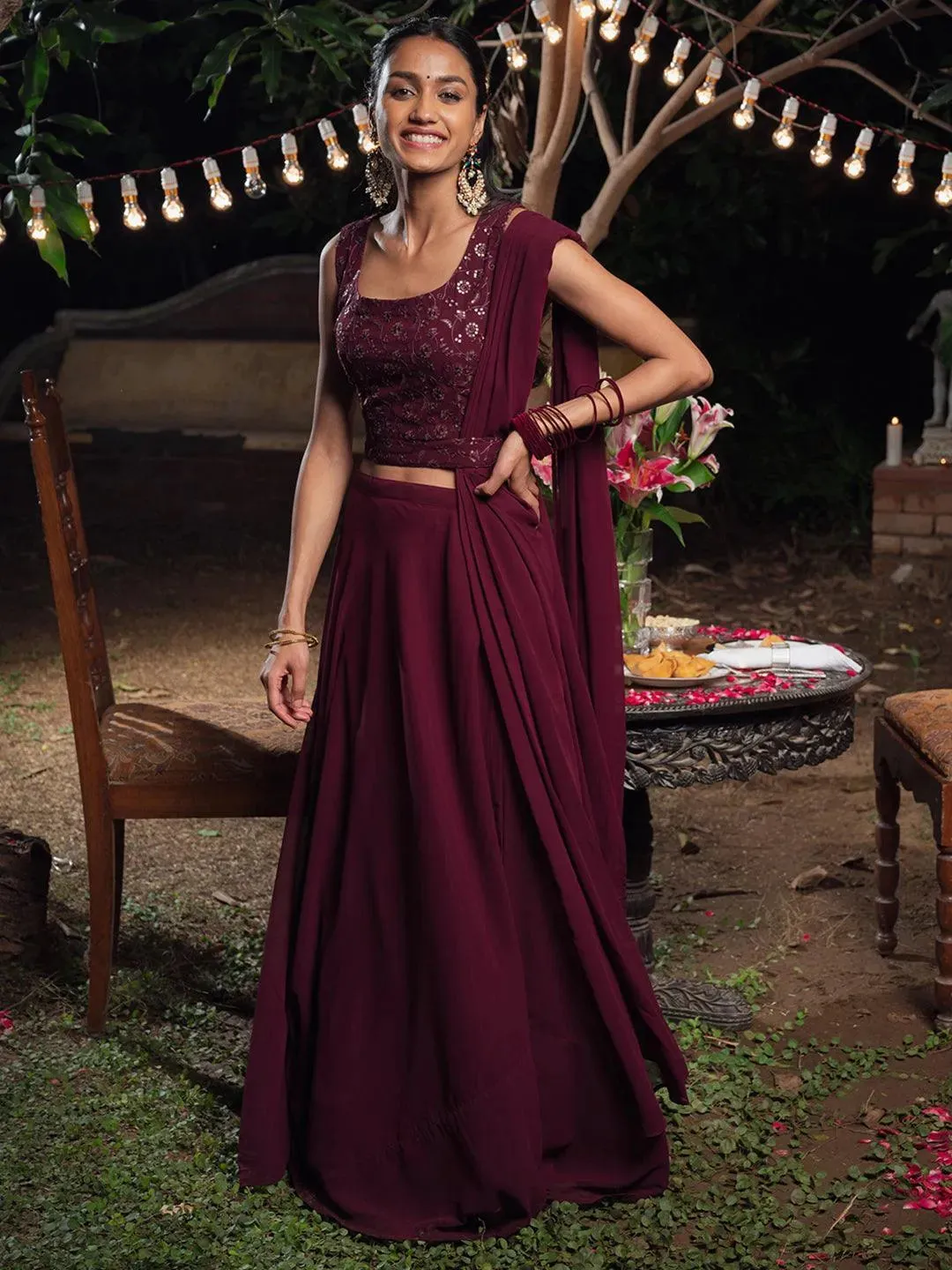 Burgundy Embroidered Georgette Lehenga Set