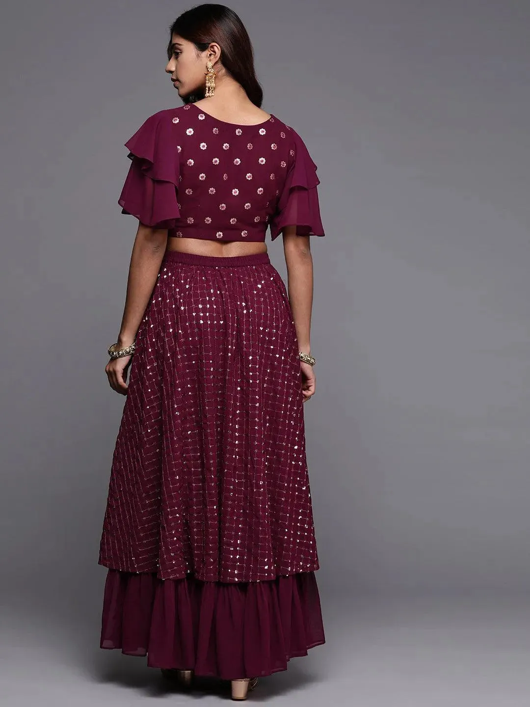 Burgundy Sequinned Georgette Lehenga Set