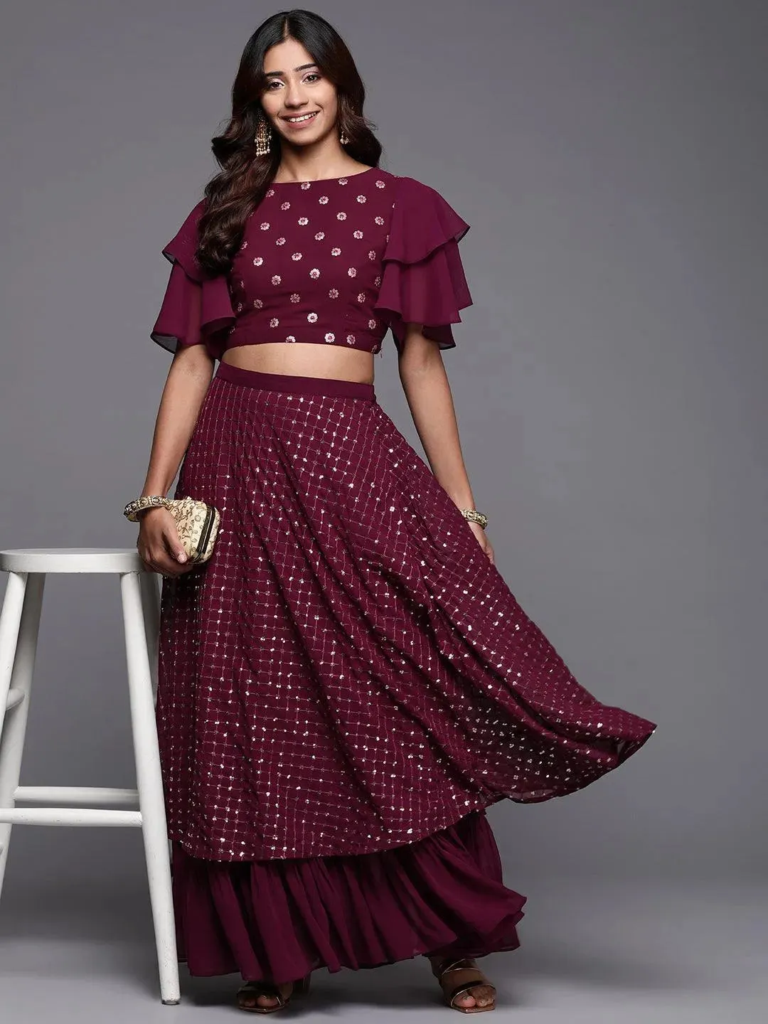 Burgundy Sequinned Georgette Lehenga Set