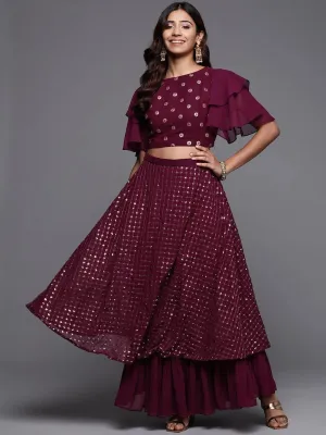 Burgundy Sequinned Georgette Lehenga Set