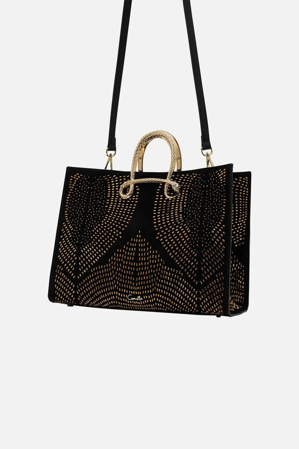 CAMILLA SOLID BLACK EAST WEST TOTE WITH SNAKE HANDLE