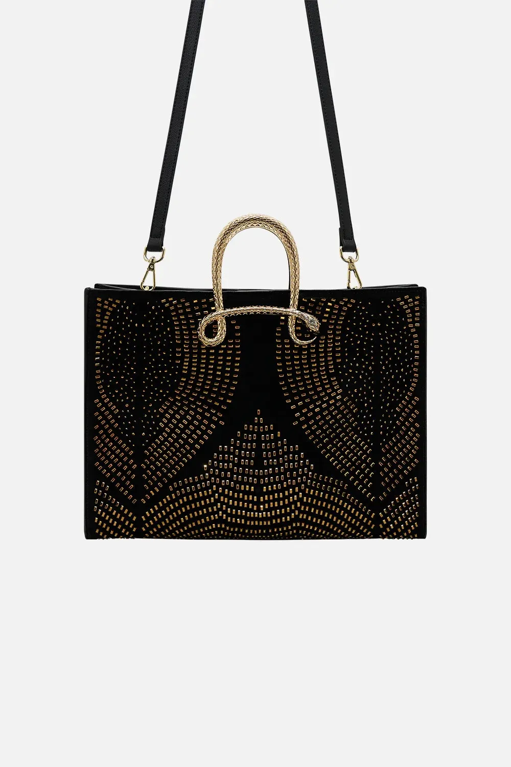 CAMILLA SOLID BLACK EAST WEST TOTE WITH SNAKE HANDLE