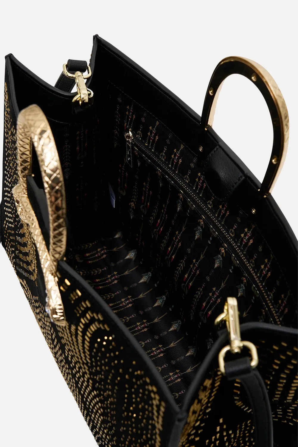 CAMILLA SOLID BLACK EAST WEST TOTE WITH SNAKE HANDLE