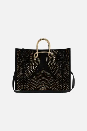 CAMILLA SOLID BLACK EAST WEST TOTE WITH SNAKE HANDLE