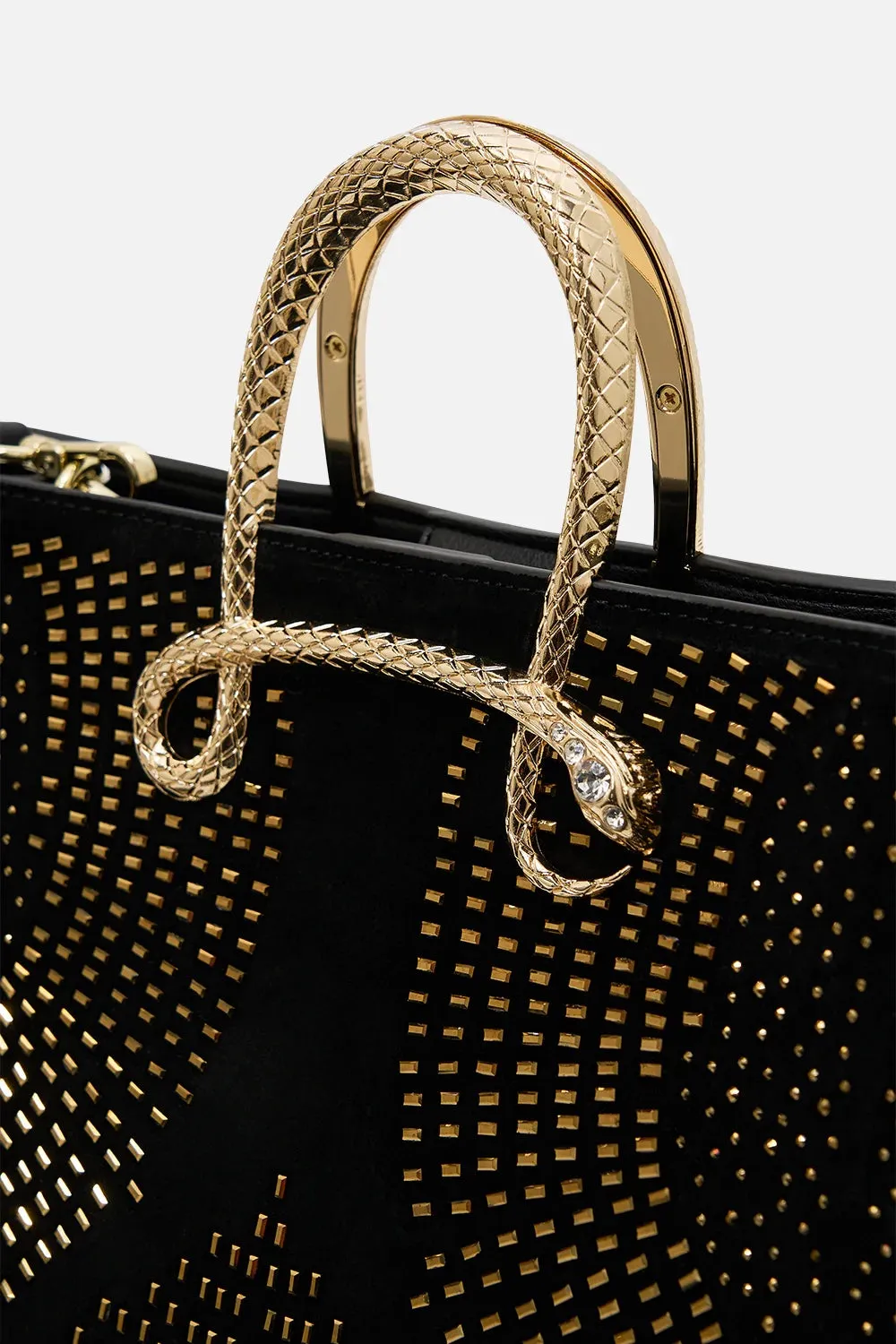 CAMILLA SOLID BLACK EAST WEST TOTE WITH SNAKE HANDLE