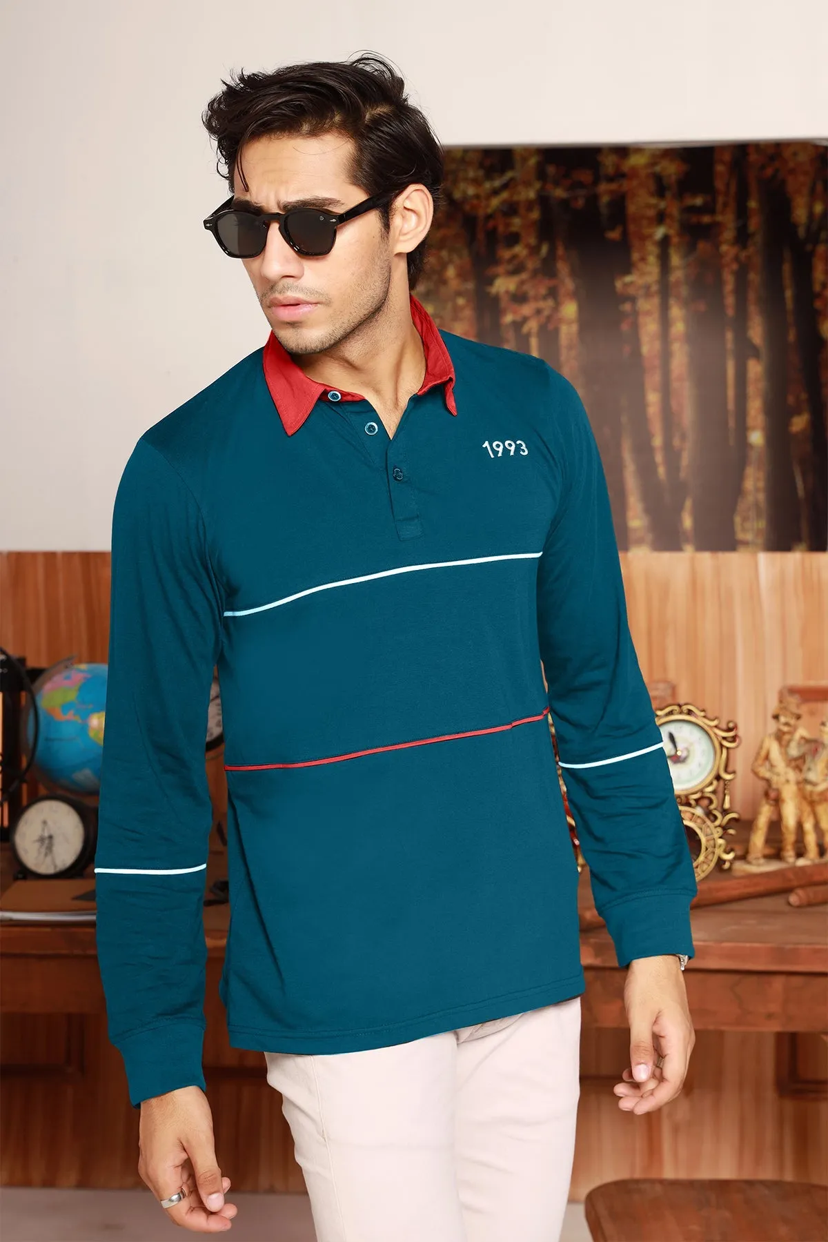 Carribean Blue & Red Rugby Polo Shirt - W22 - MP0122R