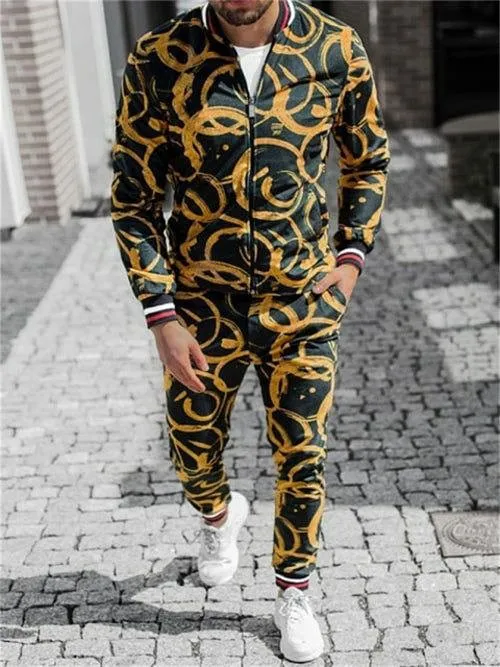 Casual Black Print Sports Two-Piece Suit