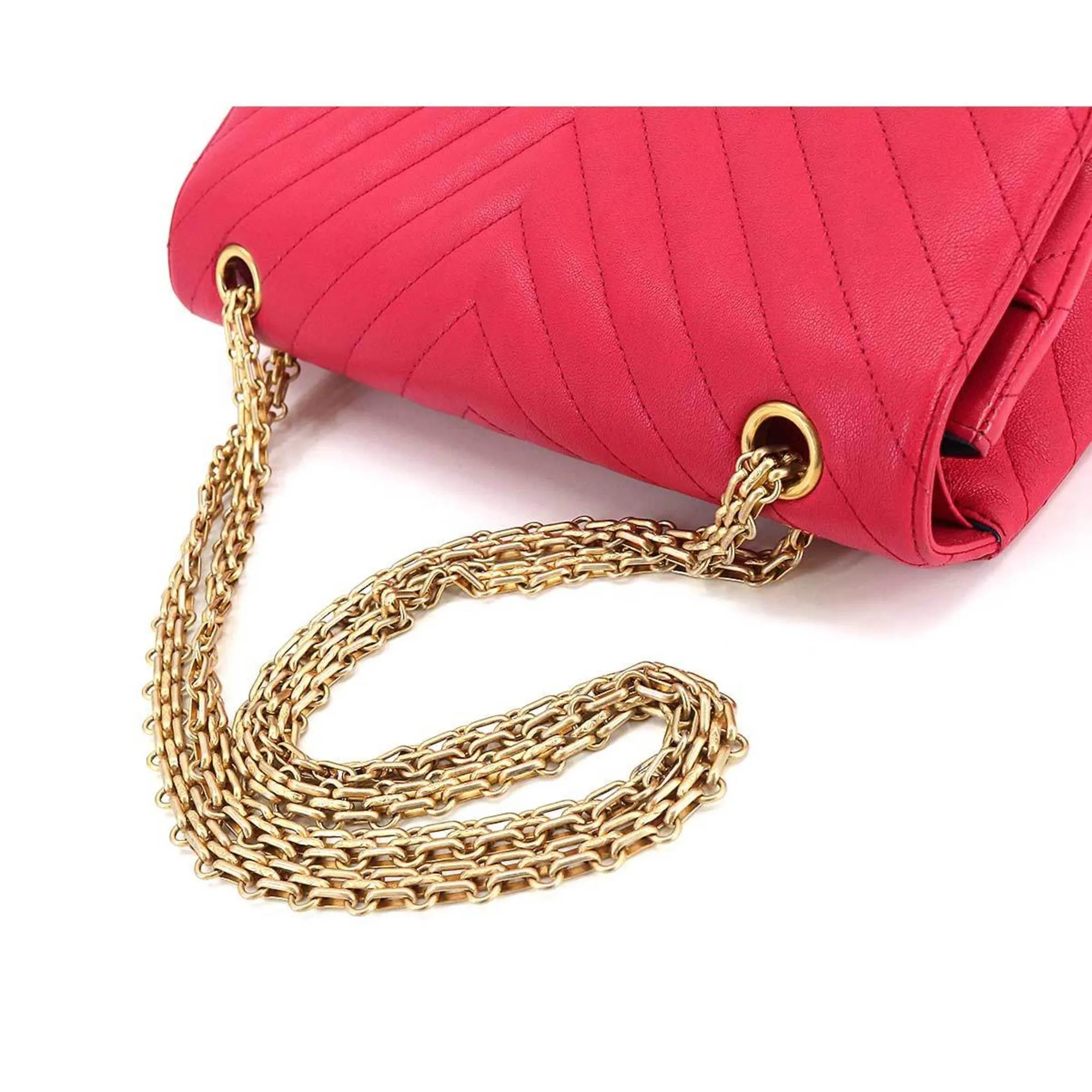 CHANEL 2.55 Chevron V stitch chain shoulder bag leather red A37586 gold metal fittings Bag