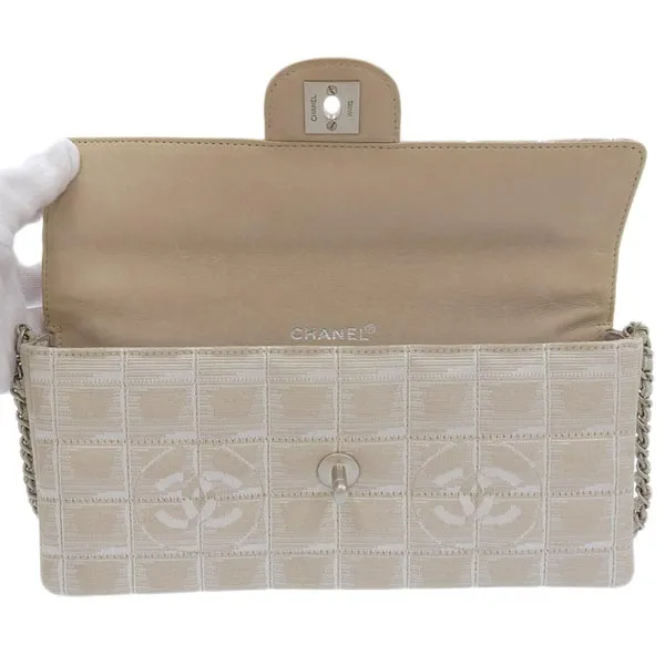 CHANEL Around 2000 Made New Travel Line Nylon Chocolate Bar Turn-Lock Chain Bag Beige