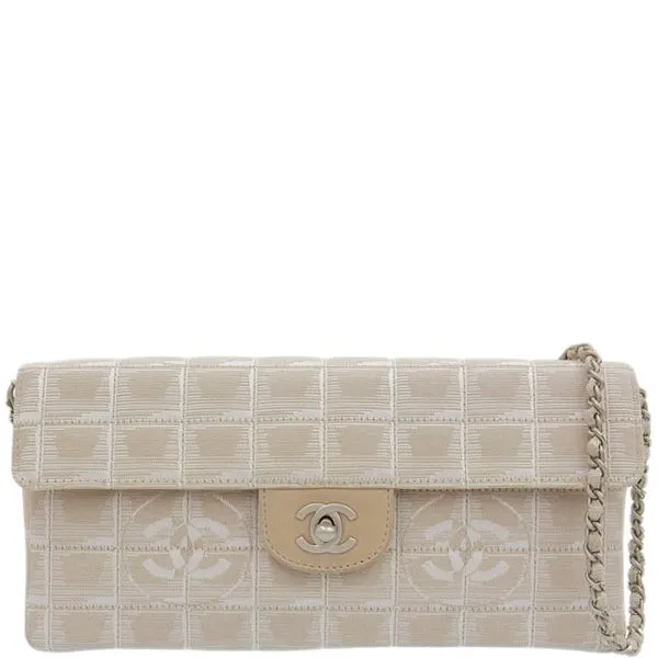 CHANEL Around 2000 Made New Travel Line Nylon Chocolate Bar Turn-Lock Chain Bag Beige