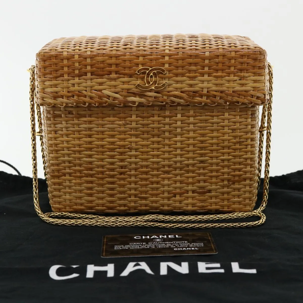 CHANEL Basket Chain Shoulder Bag Leather rattan Beige CC  31932A