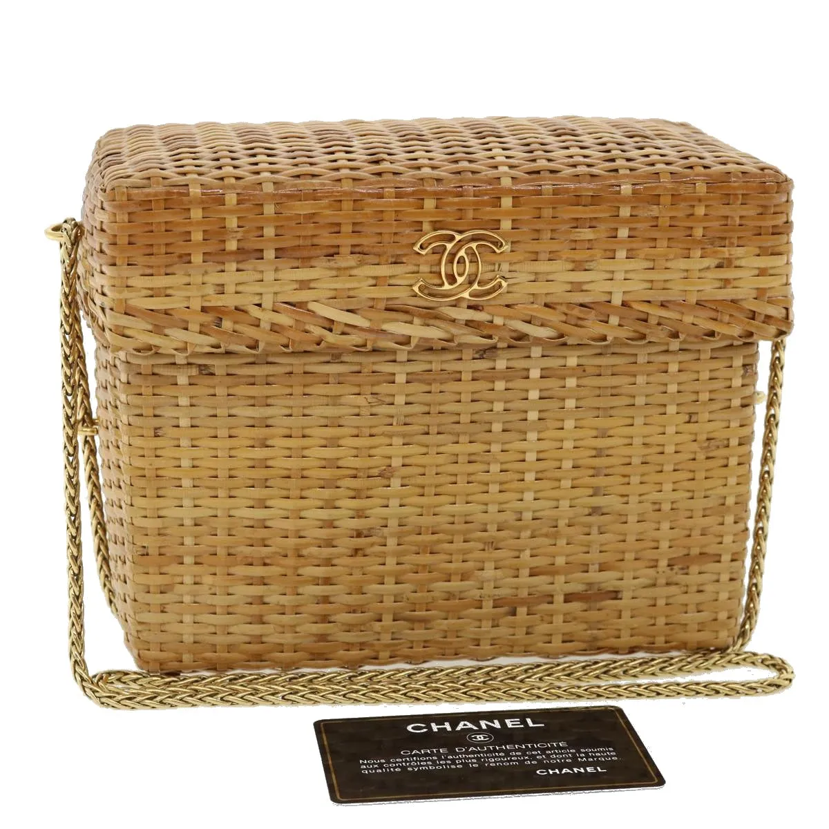 CHANEL Basket Chain Shoulder Bag Leather rattan Beige CC  31932A