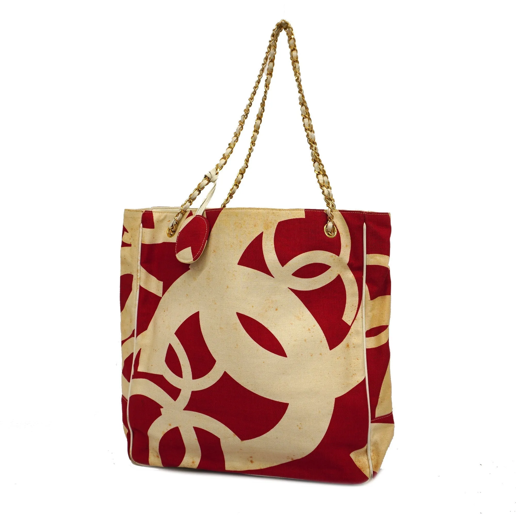 CHANEL  Chain Shoulder Women's Canvas Tote Bag Ivory,Red Color