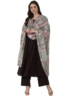 Coffee 3/4 sleeve anarkali kurta with ankle length plazzo & printed dupatta