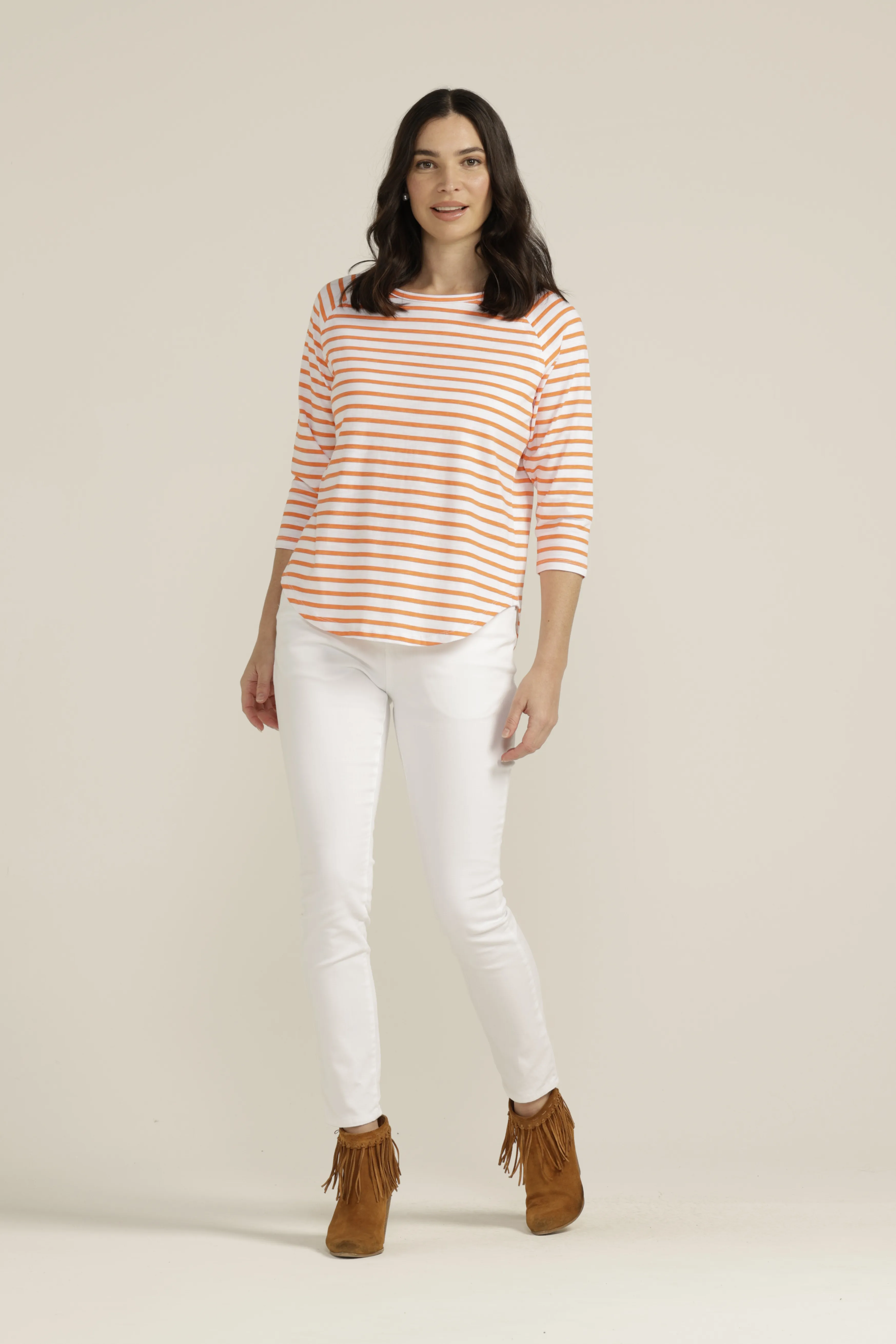 Cotton Raglan Sleeve Stripe Tee White/Orange