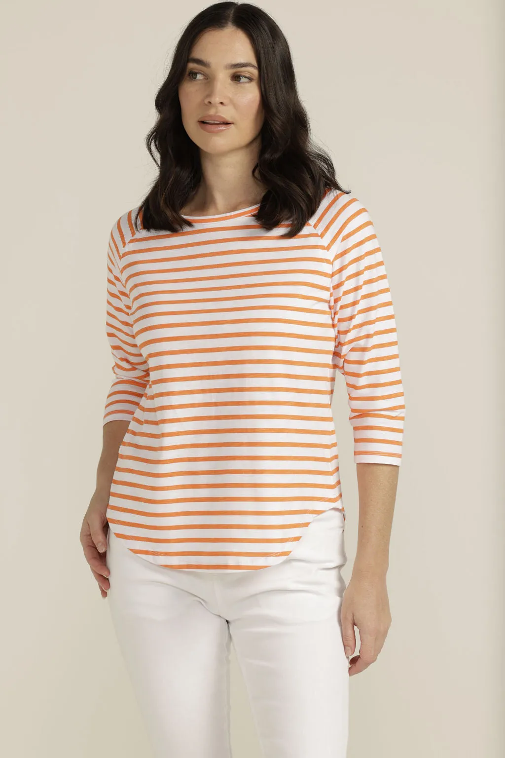 Cotton Raglan Sleeve Stripe Tee White/Orange